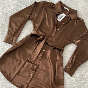 12th Tribe Brown Satin Shirt Dress